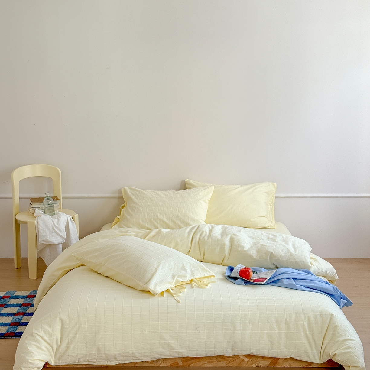 91家纺网 家纺一手货源 找家纺 小春日和 纯棉色织提花四件套人字纹全棉提花床单1.8米床笠民宿三件套加大纯色床单 泡芙-黄