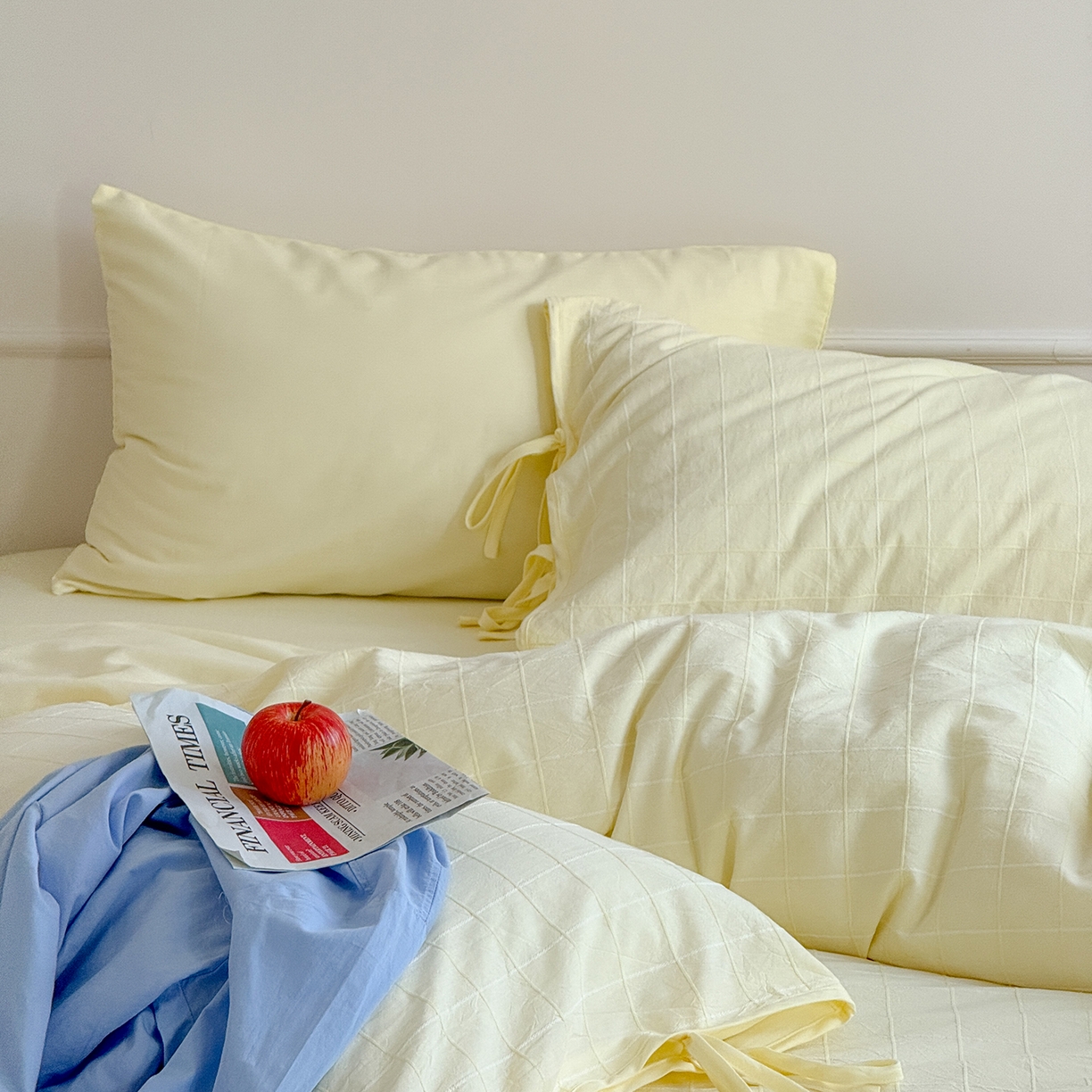 91家纺网 家纺一手货源 找家纺 小春日和 纯棉色织提花四件套人字纹全棉提花床单1.8米床笠民宿三件套加大纯色床单 泡芙-黄