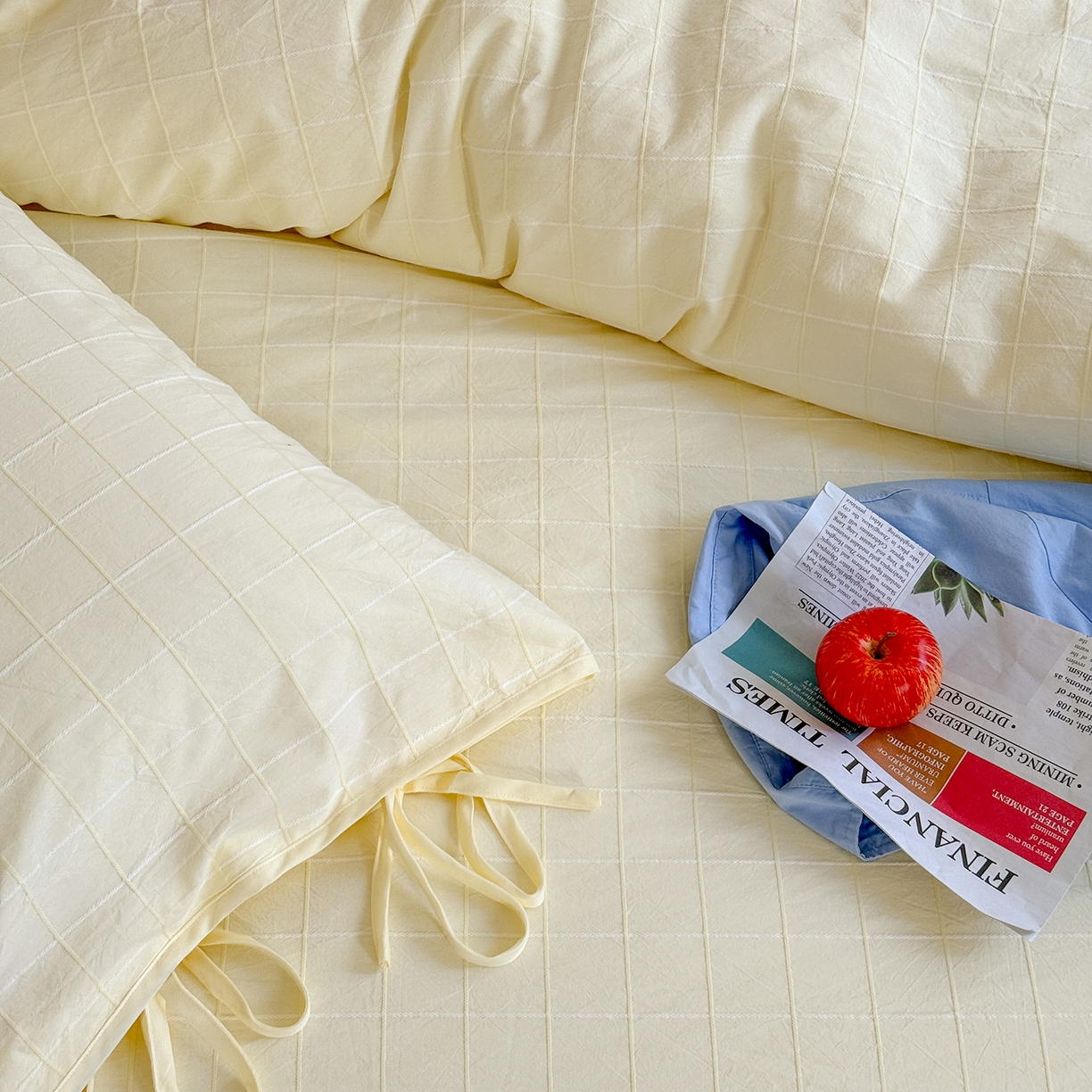 91家纺网 家纺一手货源 找家纺 小春日和 纯棉色织提花四件套人字纹全棉提花床单1.8米床笠民宿三件套加大纯色床单 泡芙-黄