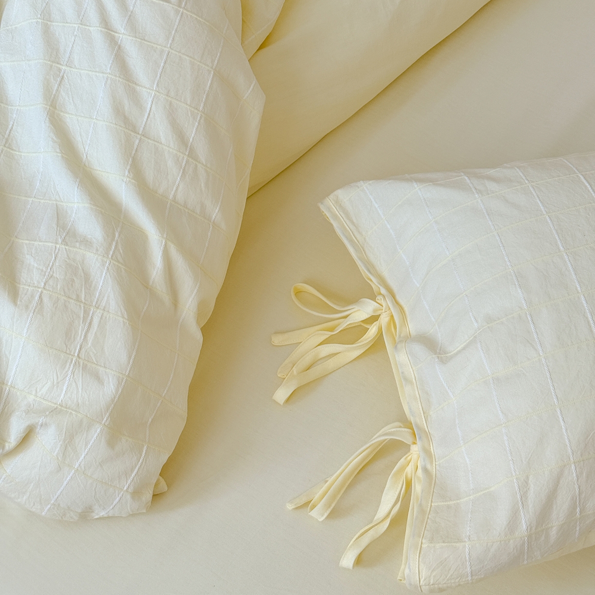 91家纺网 家纺一手货源 找家纺 小春日和 纯棉色织提花四件套人字纹全棉提花床单1.8米床笠民宿三件套加大纯色床单 泡芙-黄