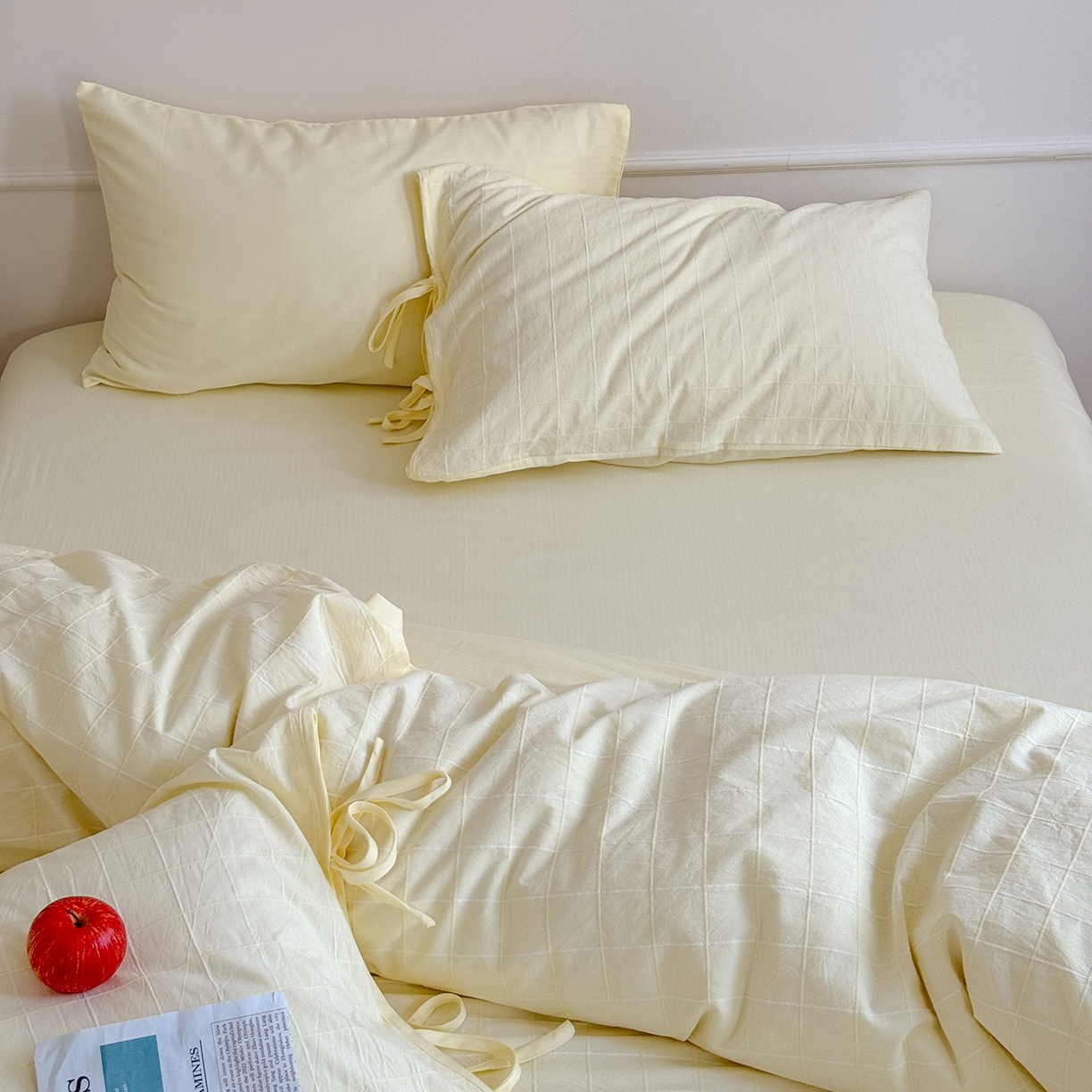 91家纺网 家纺一手货源 找家纺 小春日和 纯棉色织提花四件套人字纹全棉提花床单1.8米床笠民宿三件套加大纯色床单 泡芙-黄