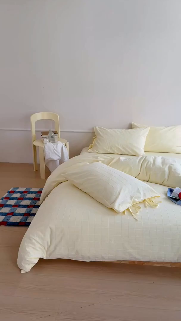 91家纺网 家纺一手货源 找家纺 小春日和 纯棉色织提花四件套人字纹全棉提花床单1.8米床笠民宿三件套加大纯色床单 泡芙-黄