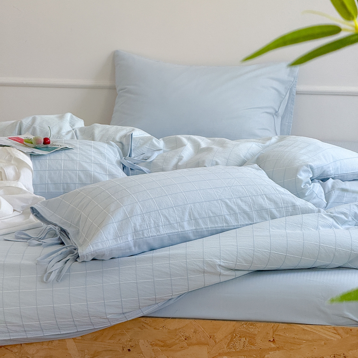 91家纺网 家纺一手货源 找家纺 小春日和 纯棉色织提花四件套人字纹全棉提花床单1.8米床笠民宿三件套加大纯色床单 泡芙-兰