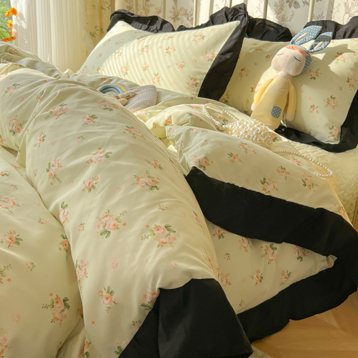 子钦家纺 2025新款云朵棉水洗棉赫本风床单床笠床盖四件套-安娜 安娜-仲夏