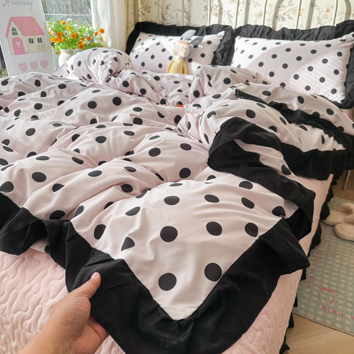 91家纺网 家纺一手货源 找家纺 子钦家纺 2025新款云朵棉水洗棉赫本风床单床笠床盖四件套-安娜 安娜-奶粉波点