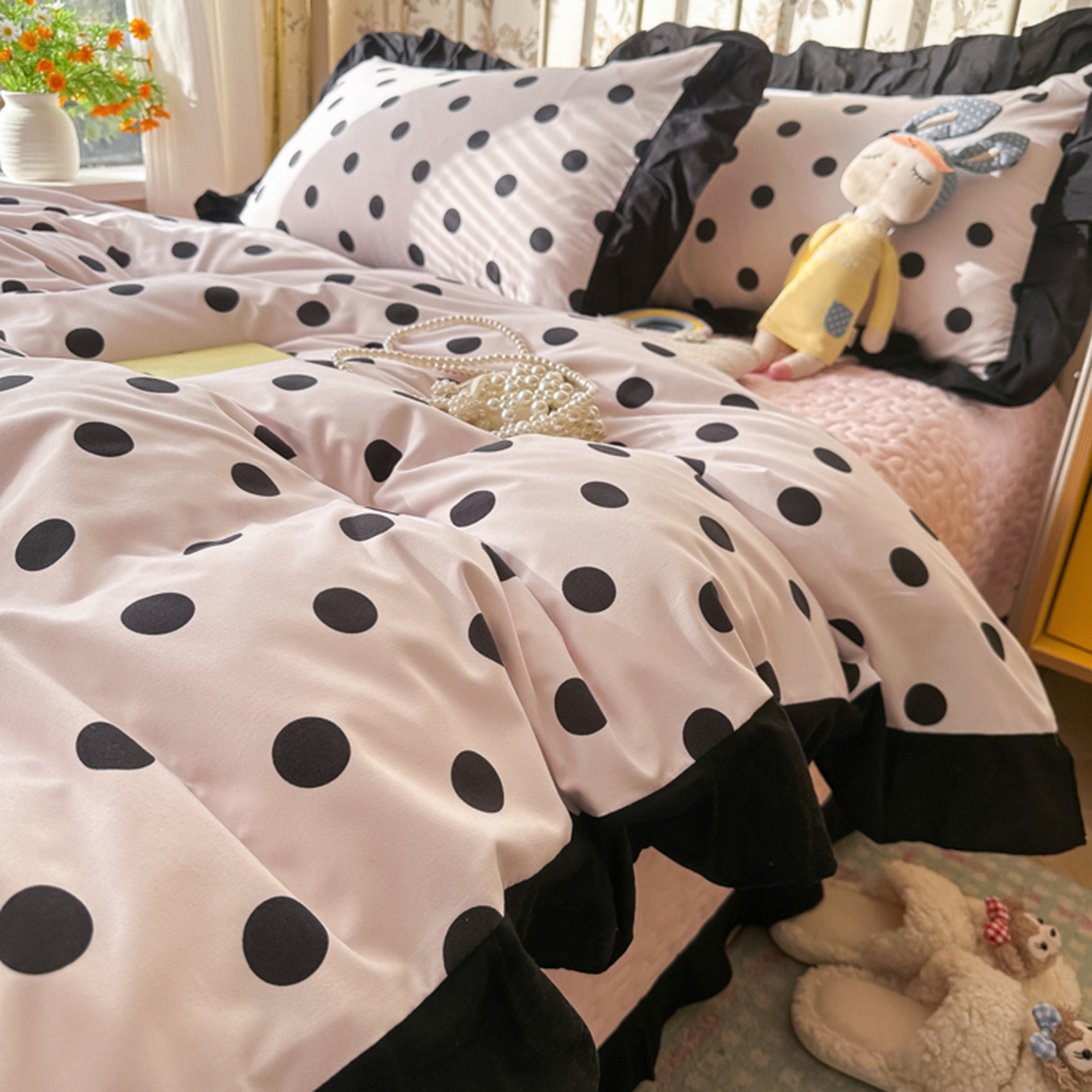 91家纺网 家纺一手货源 找家纺 子钦家纺 2025新款云朵棉水洗棉赫本风床单床笠床盖四件套-安娜 安娜-奶粉波点