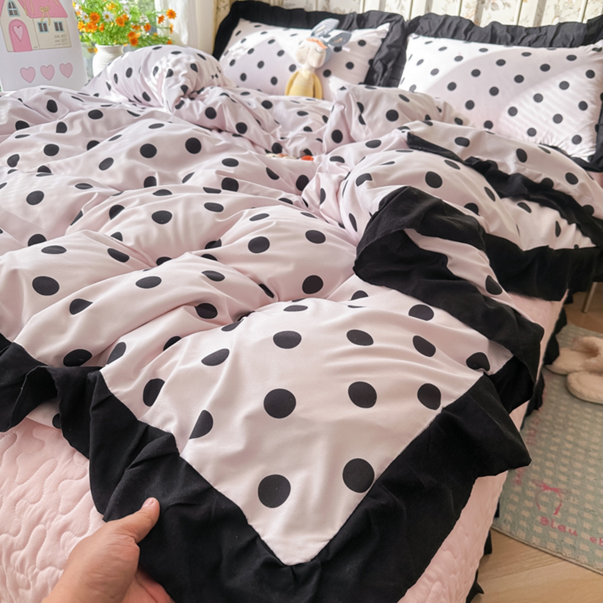 91家纺网 家纺一手货源 找家纺 子钦家纺 2025新款云朵棉水洗棉赫本风床单床笠床盖四件套-安娜 安娜-奶粉波点