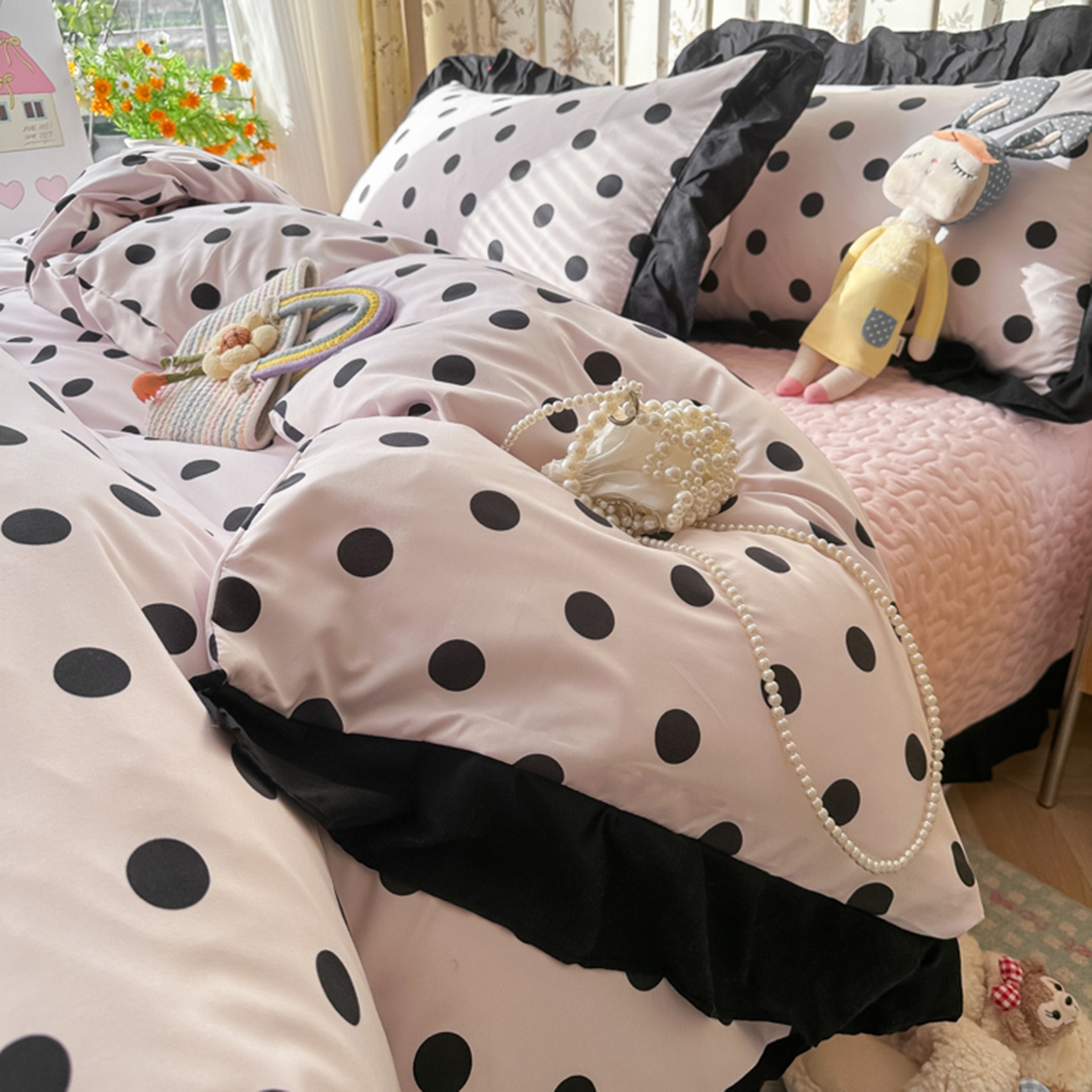 91家纺网 家纺一手货源 找家纺 子钦家纺 2025新款云朵棉水洗棉赫本风床单床笠床盖四件套-安娜 安娜-奶粉波点