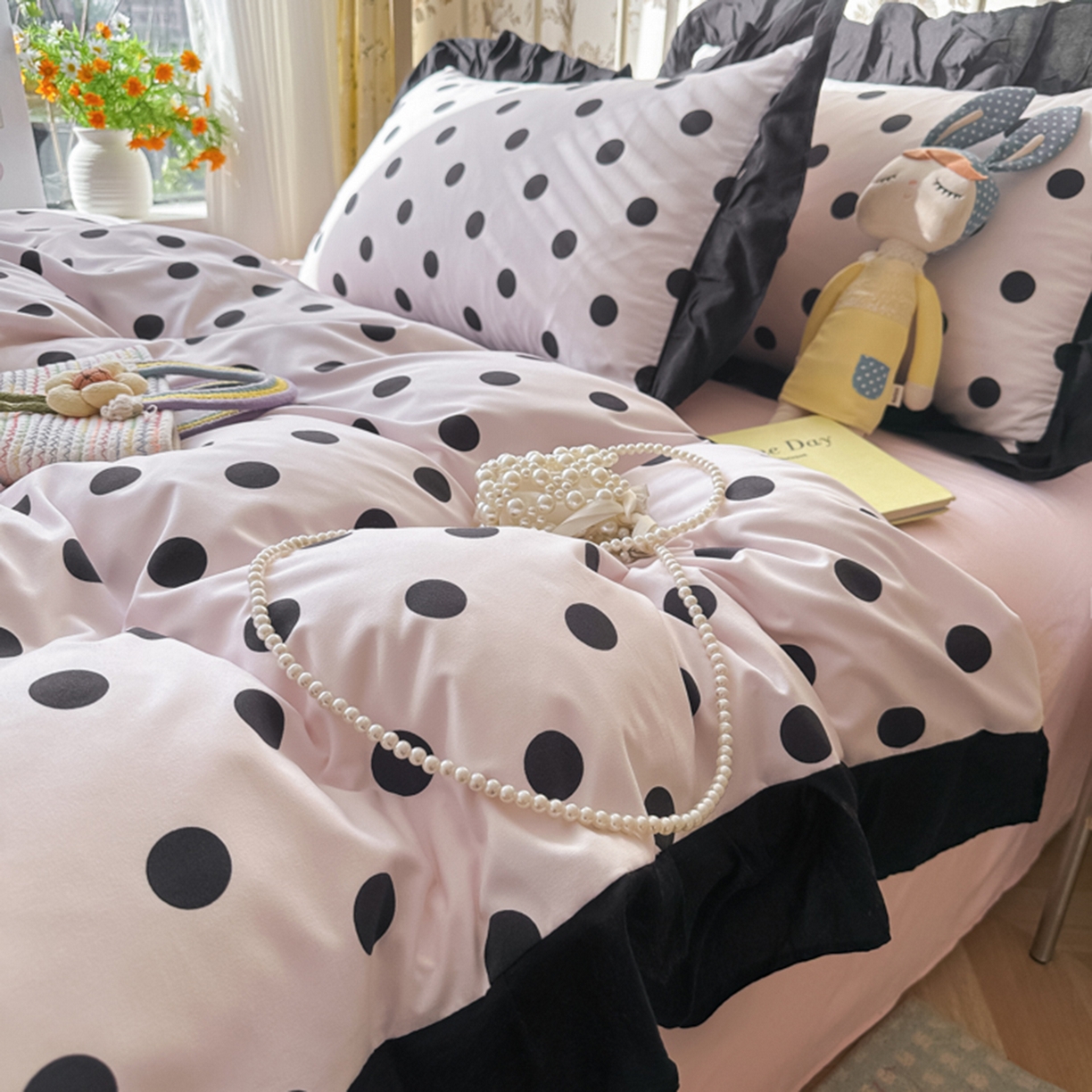 91家纺网 家纺一手货源 找家纺 子钦家纺 2025新款云朵棉水洗棉赫本风床单床笠床盖四件套-安娜 安娜-奶粉波点