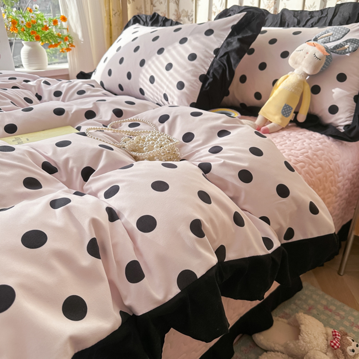 91家纺网 家纺一手货源 找家纺 子钦家纺 2025新款云朵棉水洗棉赫本风床单床笠床盖四件套-安娜 安娜-奶粉波点