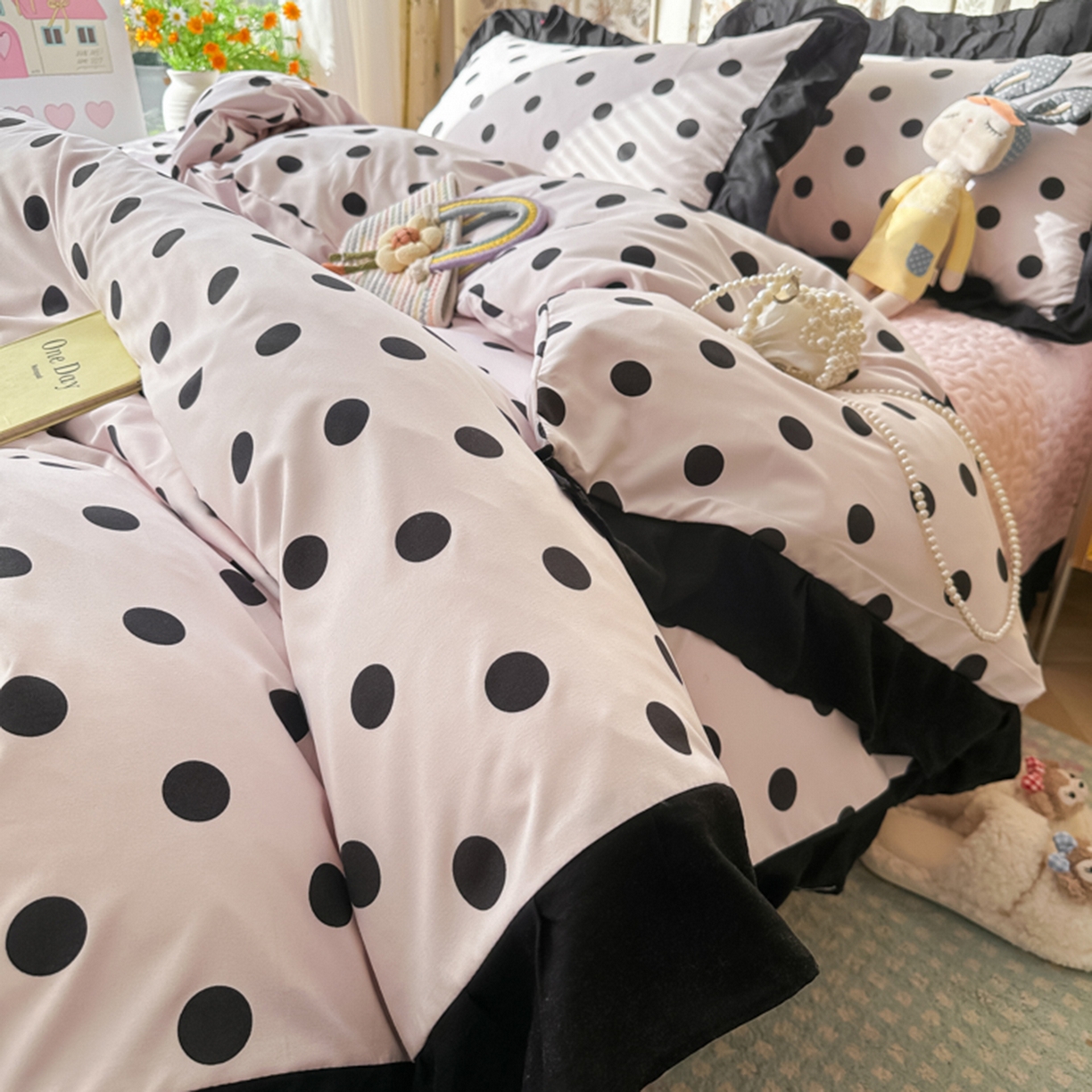 91家纺网 家纺一手货源 找家纺 子钦家纺 2025新款云朵棉水洗棉赫本风床单床笠床盖四件套-安娜 安娜-奶粉波点