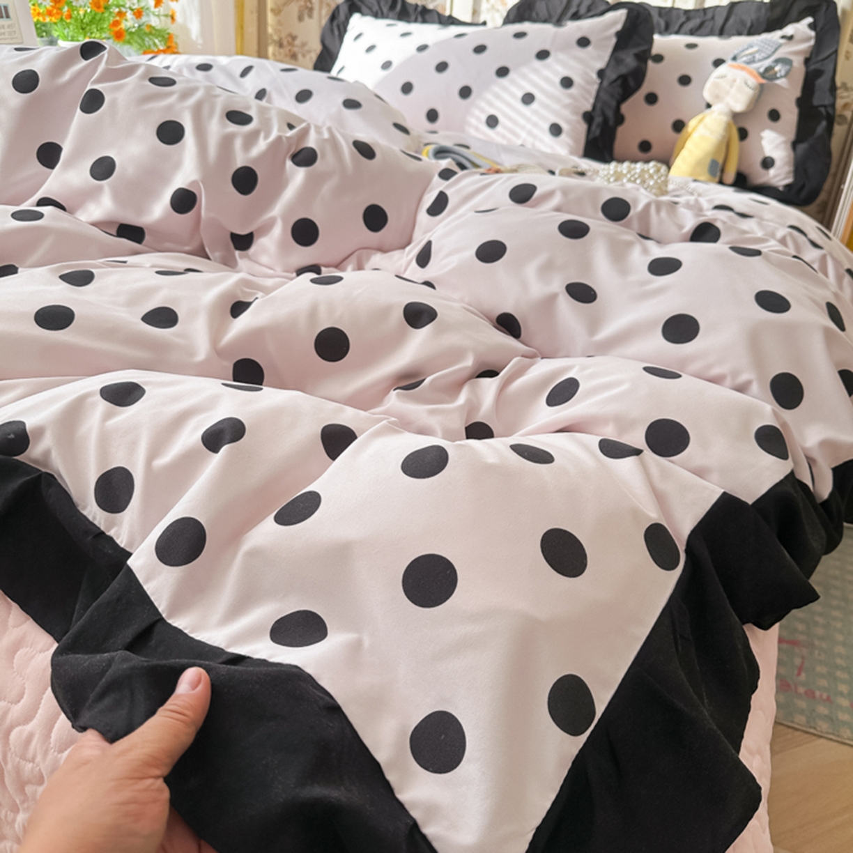 91家纺网 家纺一手货源 找家纺 子钦家纺 2025新款云朵棉水洗棉赫本风床单床笠床盖四件套-安娜 安娜-奶粉波点