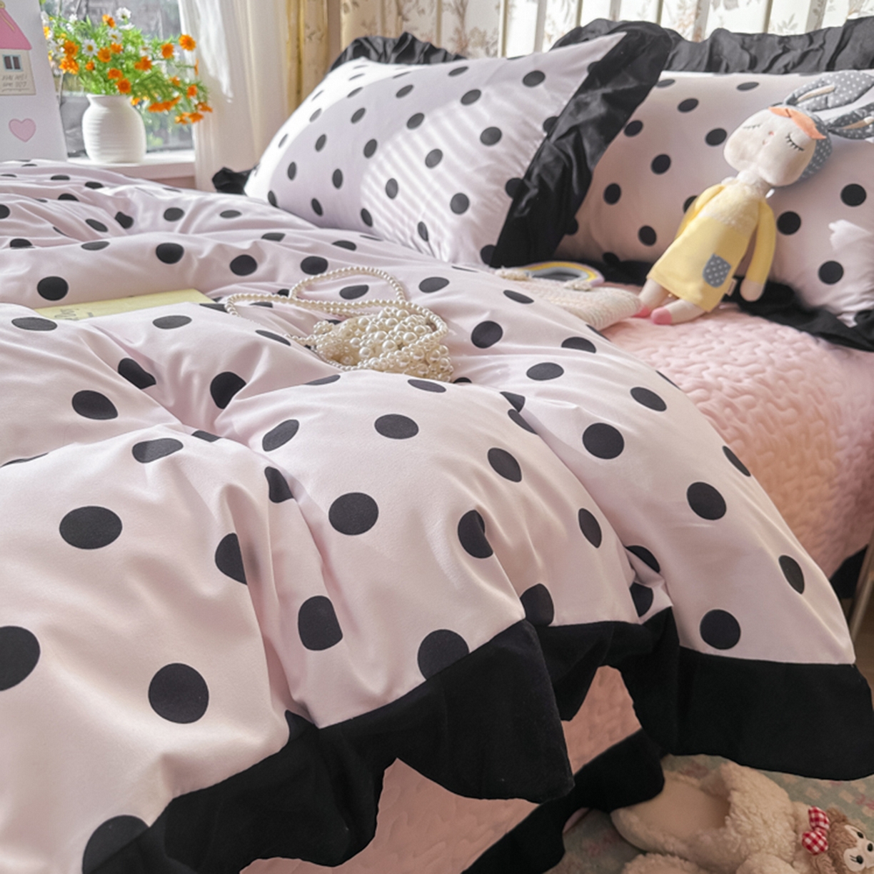 91家纺网 家纺一手货源 找家纺 子钦家纺 2025新款云朵棉水洗棉赫本风床单床笠床盖四件套-安娜 安娜-奶粉波点