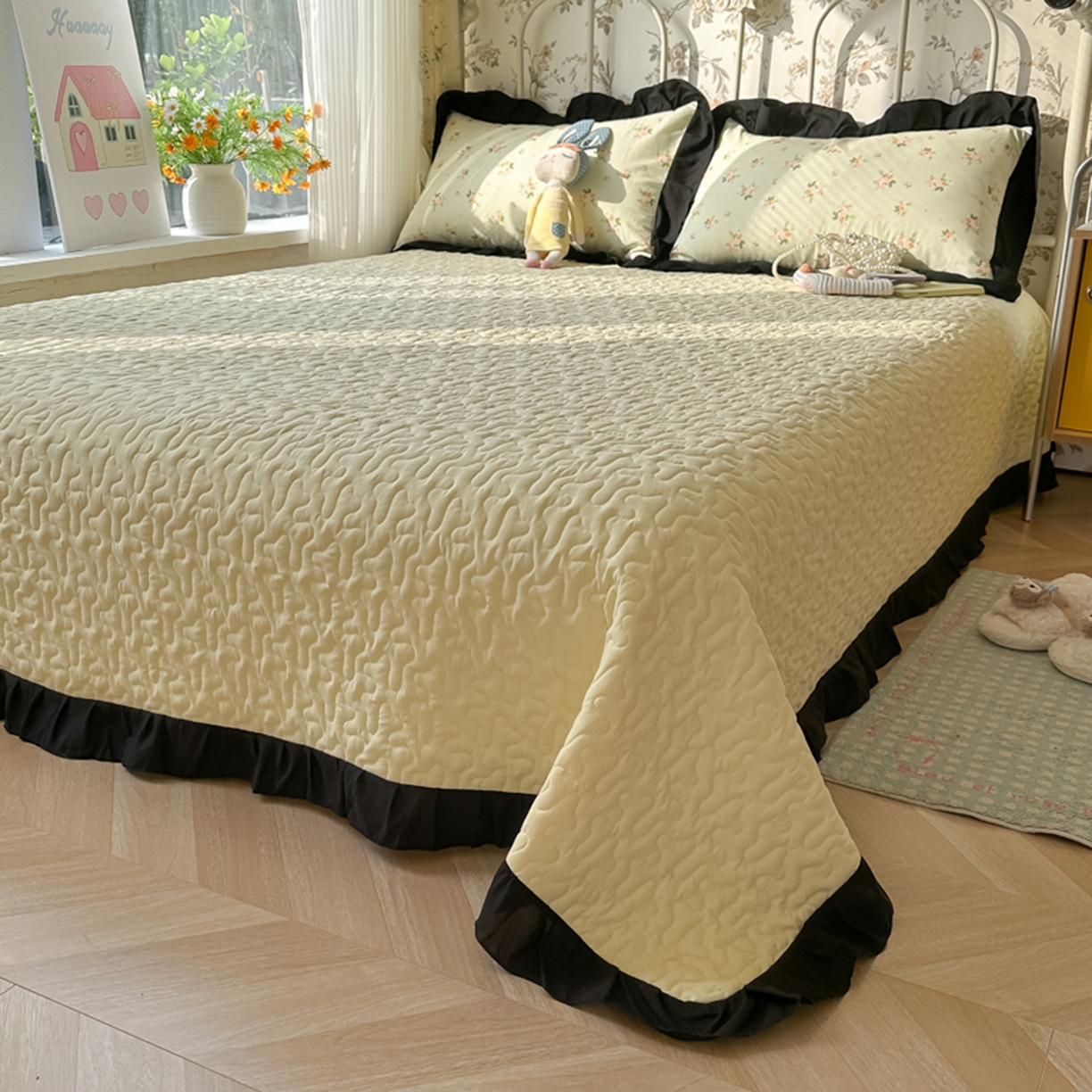 91家纺网 家纺一手货源 找家纺 子钦家纺 2025新款云朵棉水洗棉赫本风床单床笠床盖四件套-安娜 安娜-仲夏