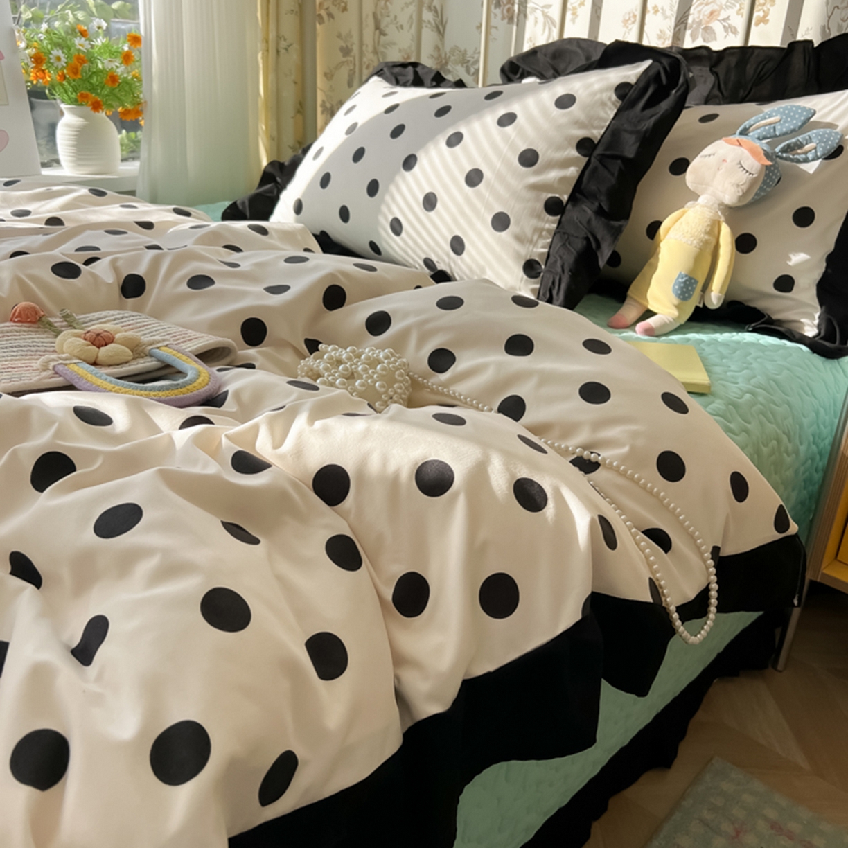 91家纺网 家纺一手货源 找家纺 子钦家纺 2025新款云朵棉水洗棉赫本风床单床笠床盖四件套-安娜 安娜-奶白波点