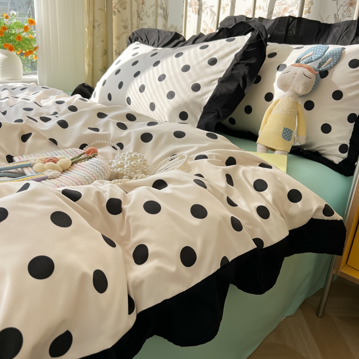 91家纺网 家纺一手货源 找家纺 子钦家纺 2025新款云朵棉水洗棉赫本风床单床笠床盖四件套-安娜 安娜-奶白波点