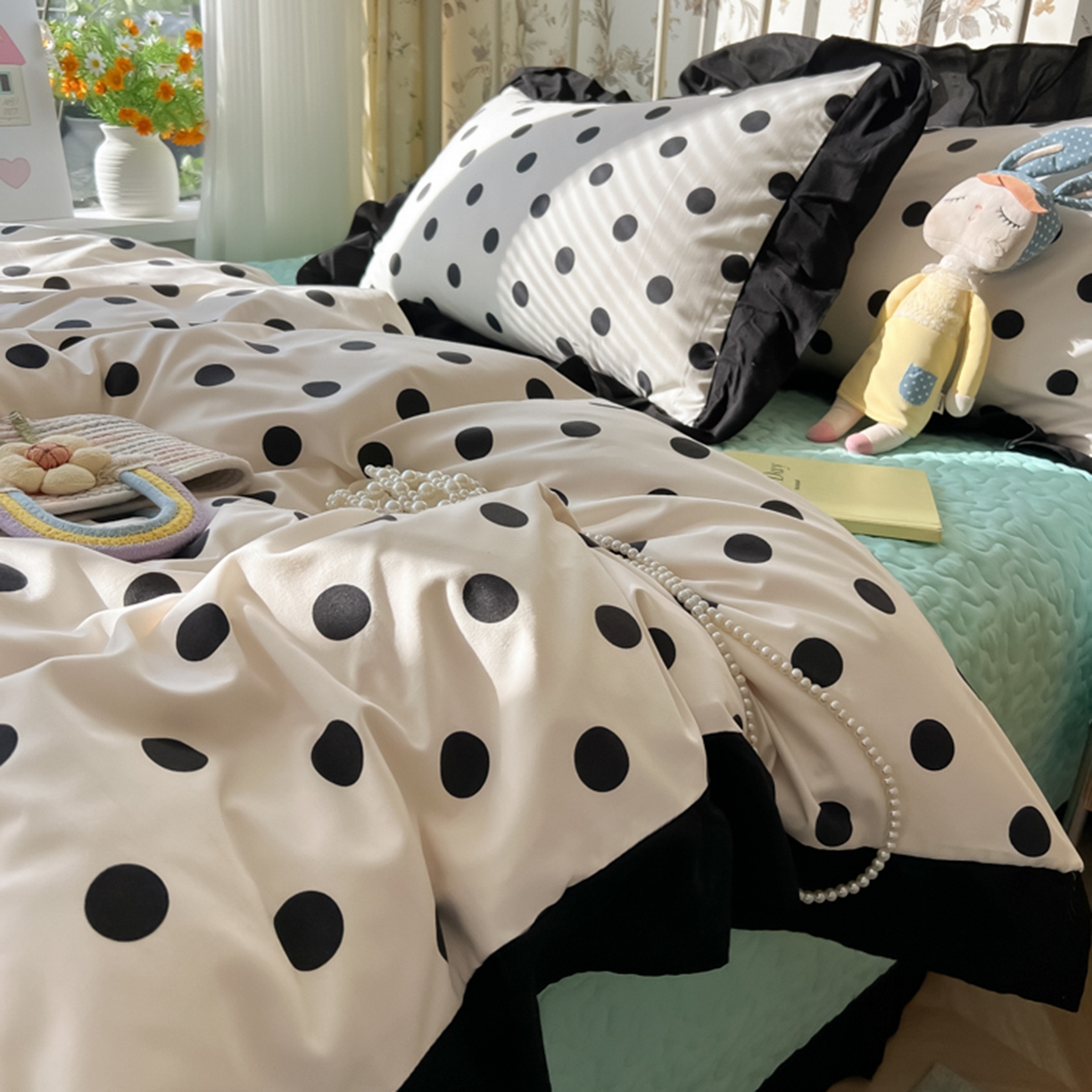 91家纺网 家纺一手货源 找家纺 子钦家纺 2025新款云朵棉水洗棉赫本风床单床笠床盖四件套-安娜 安娜-奶白波点