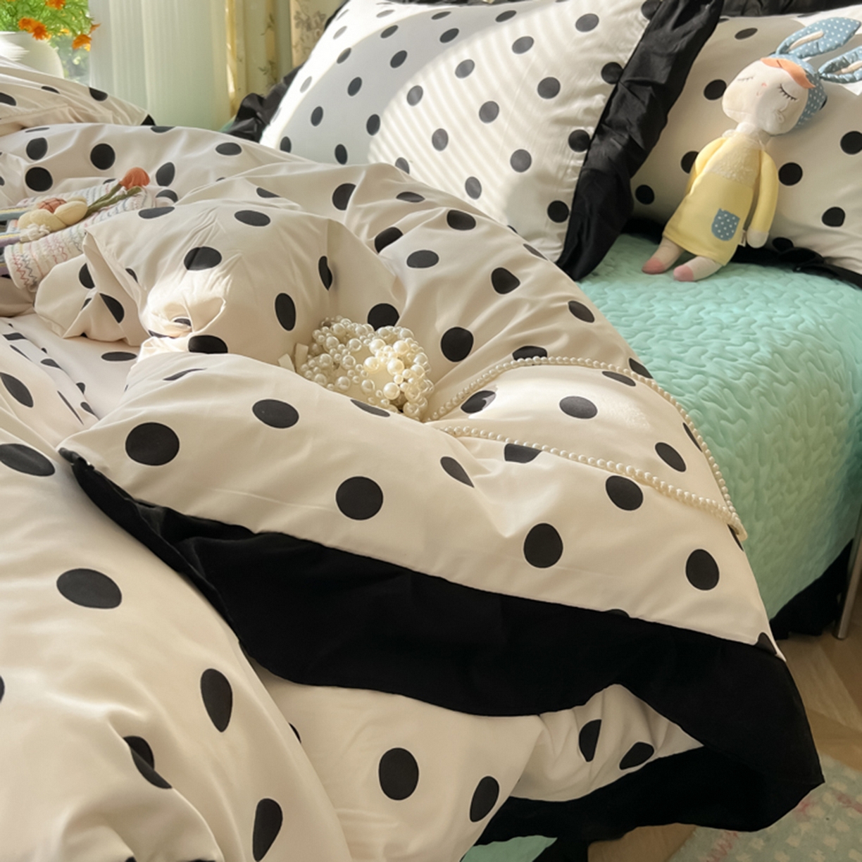 91家纺网 家纺一手货源 找家纺 子钦家纺 2025新款云朵棉水洗棉赫本风床单床笠床盖四件套-安娜 安娜-奶白波点