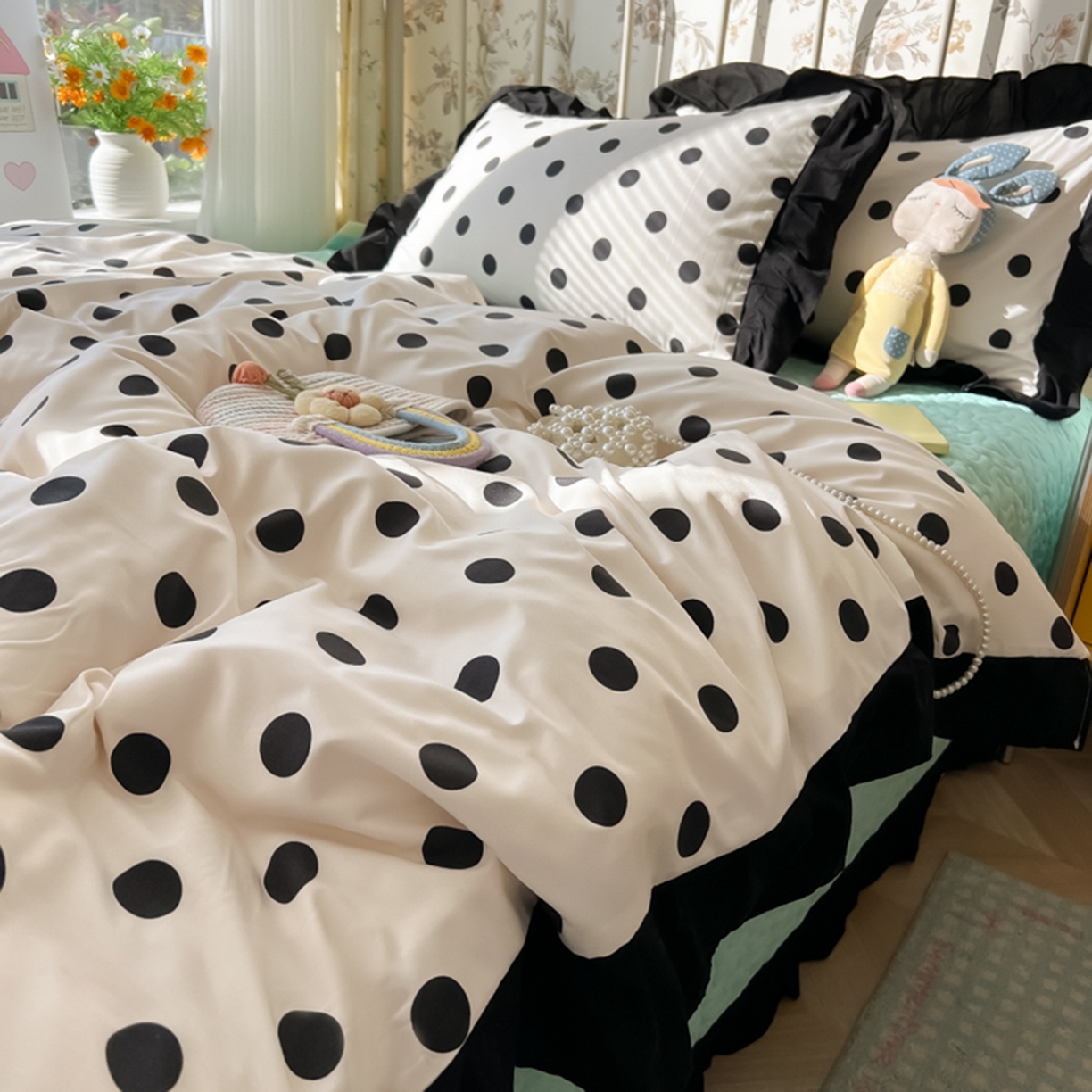 91家纺网 家纺一手货源 找家纺 子钦家纺 2025新款云朵棉水洗棉赫本风床单床笠床盖四件套-安娜 安娜-奶白波点