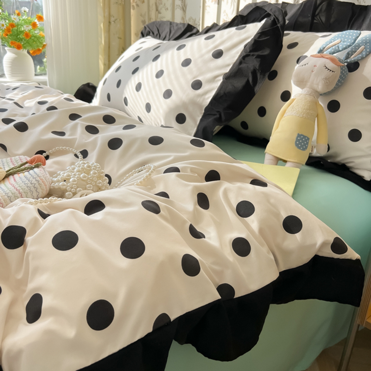 91家纺网 家纺一手货源 找家纺 子钦家纺 2025新款云朵棉水洗棉赫本风床单床笠床盖四件套-安娜 安娜-奶白波点