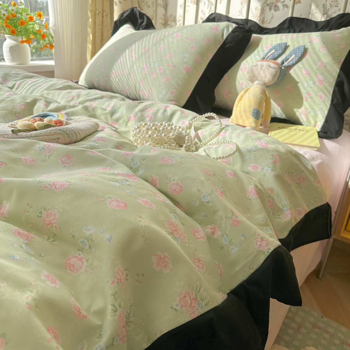 91家纺网 家纺一手货源 找家纺 子钦家纺 2025新款云朵棉水洗棉赫本风床单床笠床盖四件套-安娜 安娜-花海绿