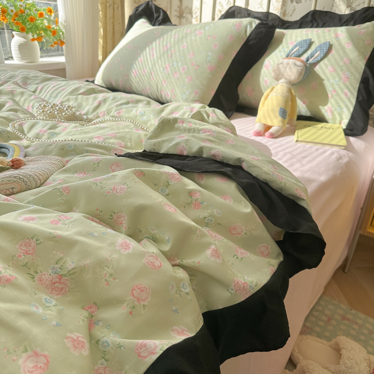 91家纺网 家纺一手货源 找家纺 子钦家纺 2025新款云朵棉水洗棉赫本风床单床笠床盖四件套-安娜 安娜-花海绿