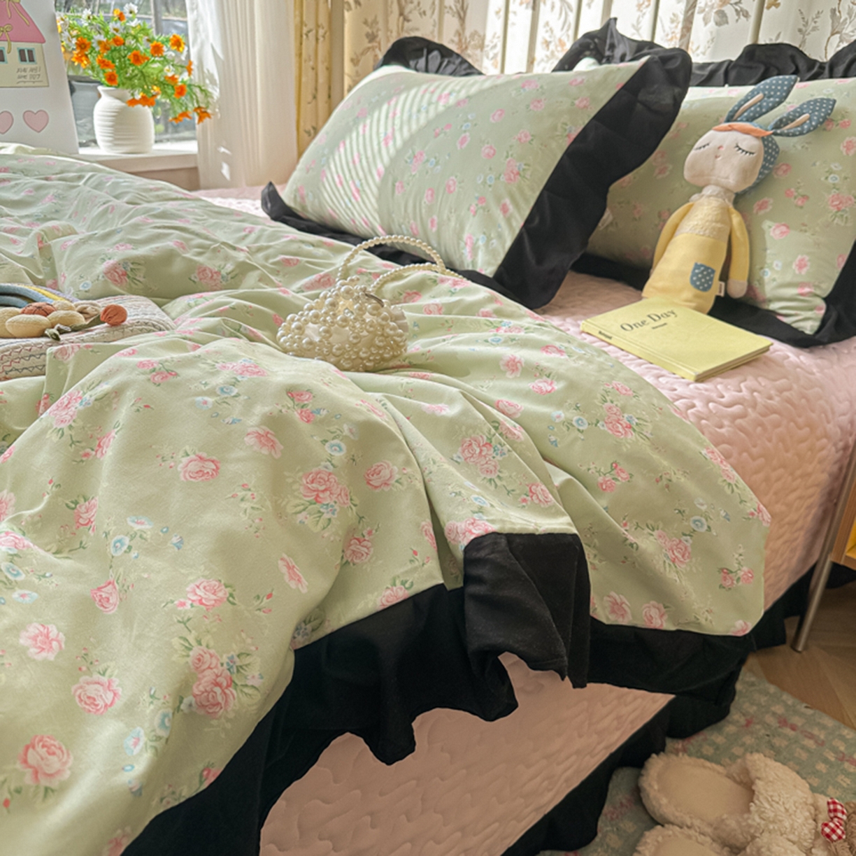 91家纺网 家纺一手货源 找家纺 子钦家纺 2025新款云朵棉水洗棉赫本风床单床笠床盖四件套-安娜 安娜-花海绿