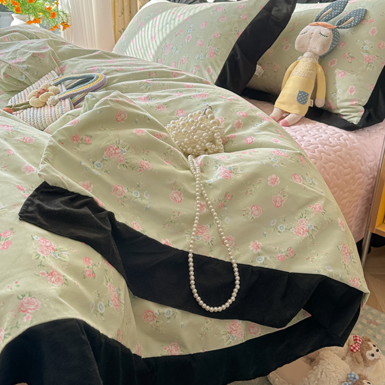 91家纺网 家纺一手货源 找家纺 子钦家纺 2025新款云朵棉水洗棉赫本风床单床笠床盖四件套-安娜 安娜-花海绿