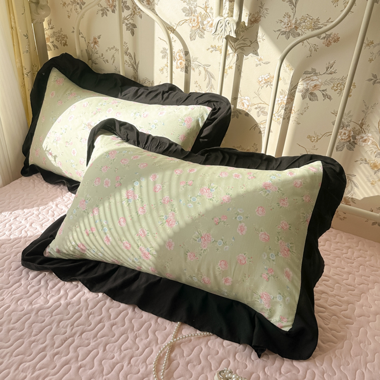 91家纺网 家纺一手货源 找家纺 子钦家纺 2025新款云朵棉水洗棉赫本风床单床笠床盖四件套-安娜 安娜-花海绿