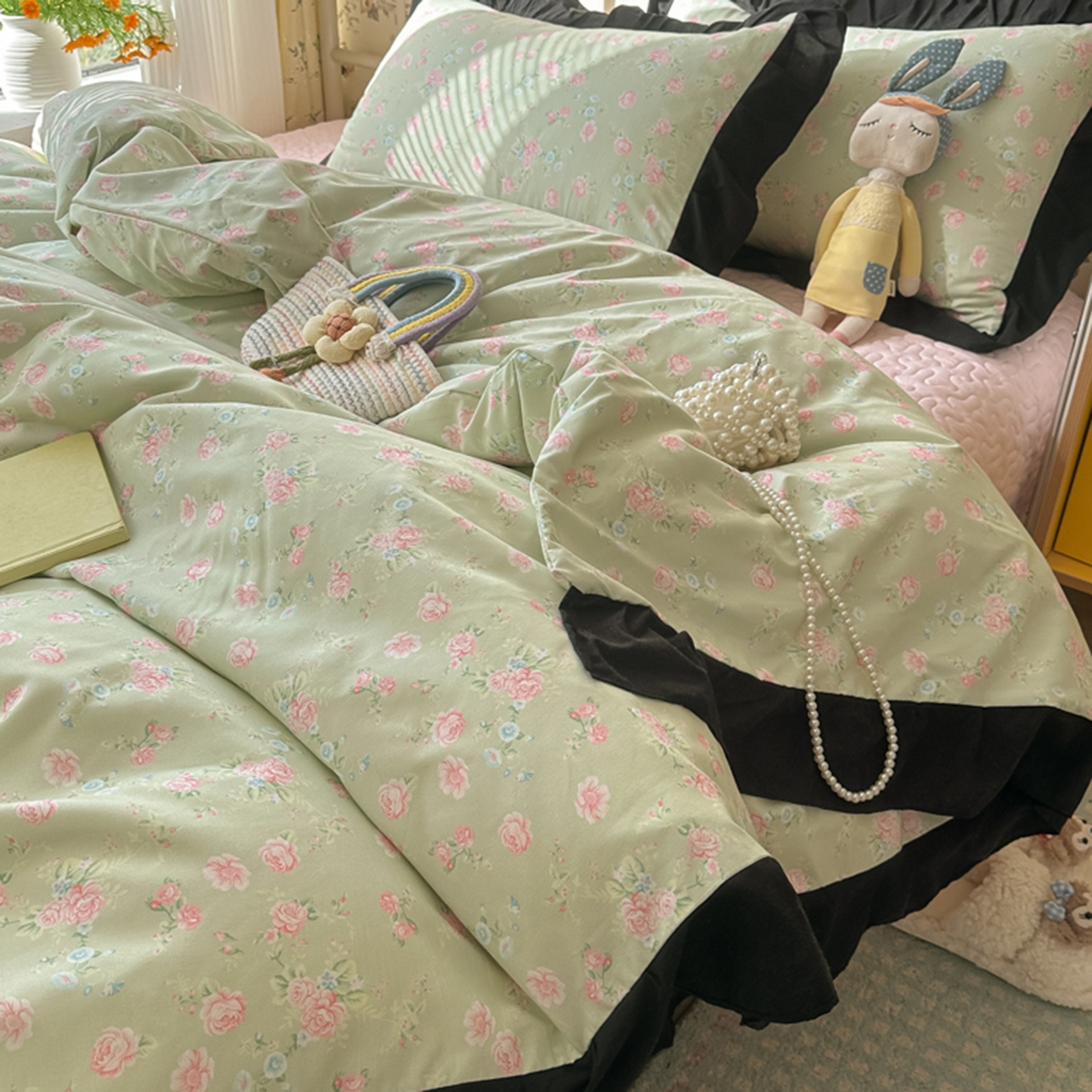 91家纺网 家纺一手货源 找家纺 子钦家纺 2025新款云朵棉水洗棉赫本风床单床笠床盖四件套-安娜 安娜-花海绿