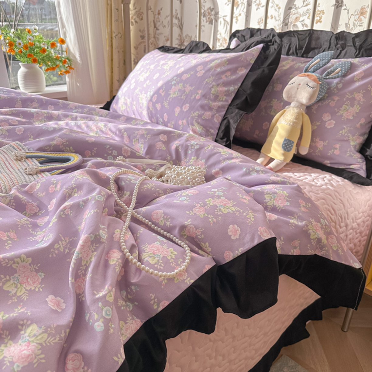 91家纺网 家纺一手货源 找家纺 子钦家纺 2025新款云朵棉水洗棉赫本风床单床笠床盖四件套-安娜 安娜-紫霞仙子