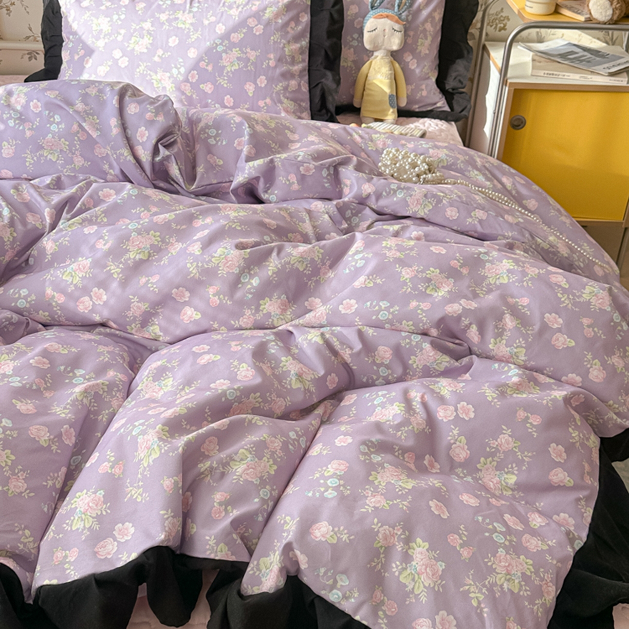 91家纺网 家纺一手货源 找家纺 子钦家纺 2025新款云朵棉水洗棉赫本风床单床笠床盖四件套-安娜 安娜-紫霞仙子