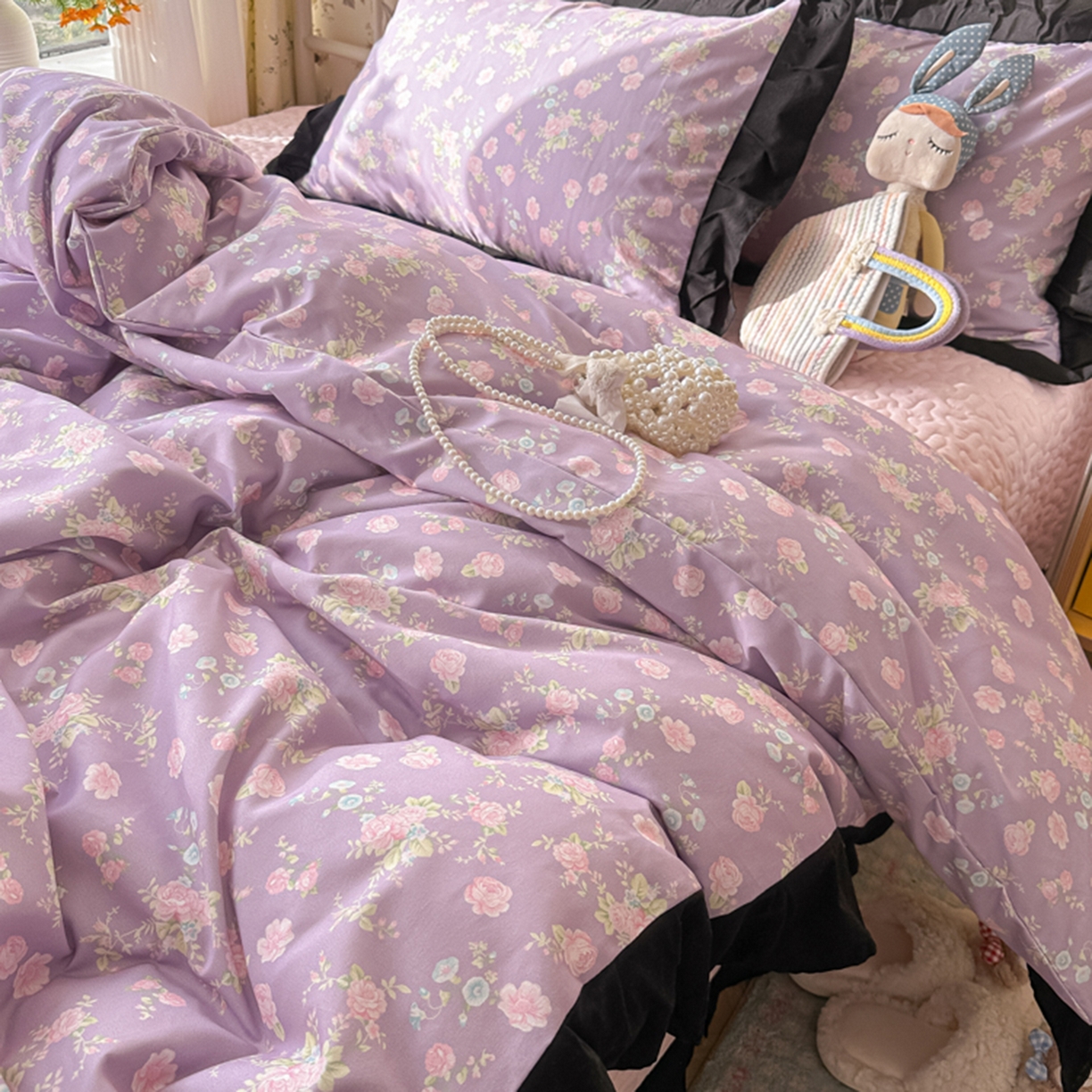 91家纺网 家纺一手货源 找家纺 子钦家纺 2025新款云朵棉水洗棉赫本风床单床笠床盖四件套-安娜 安娜-紫霞仙子