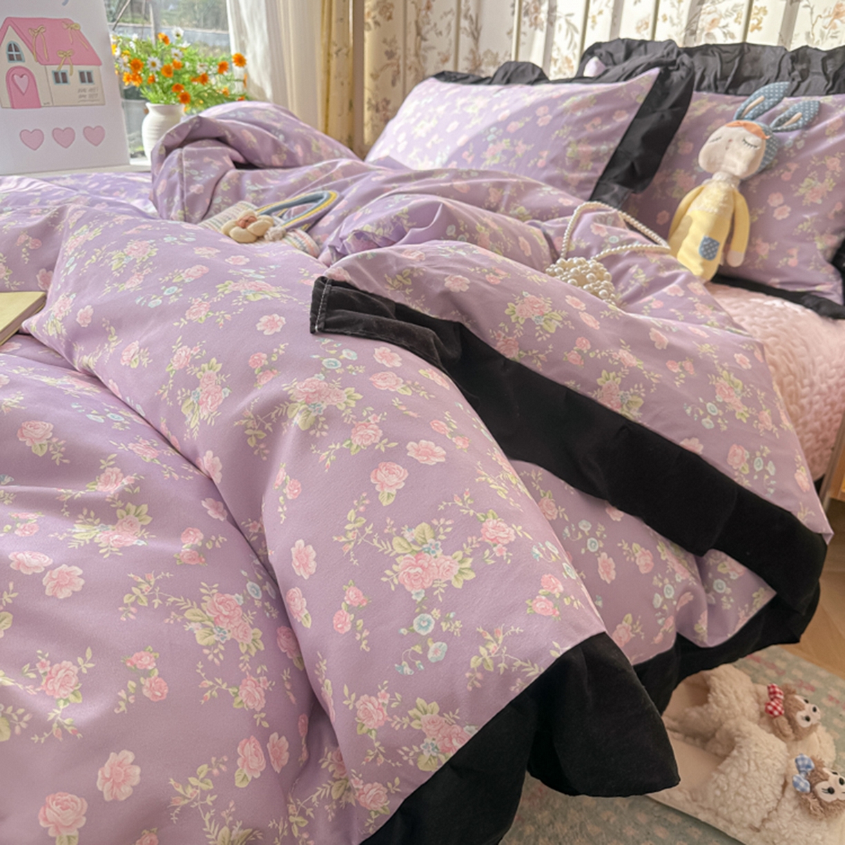 子钦家纺 2025新款云朵棉水洗棉赫本风床单床笠床盖四件套-安娜 安娜-紫霞仙子