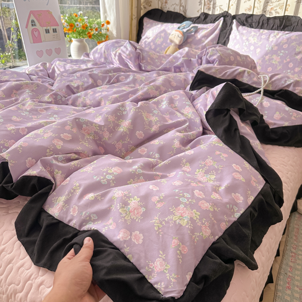 91家纺网 家纺一手货源 找家纺 子钦家纺 2025新款云朵棉水洗棉赫本风床单床笠床盖四件套-安娜 安娜-紫霞仙子