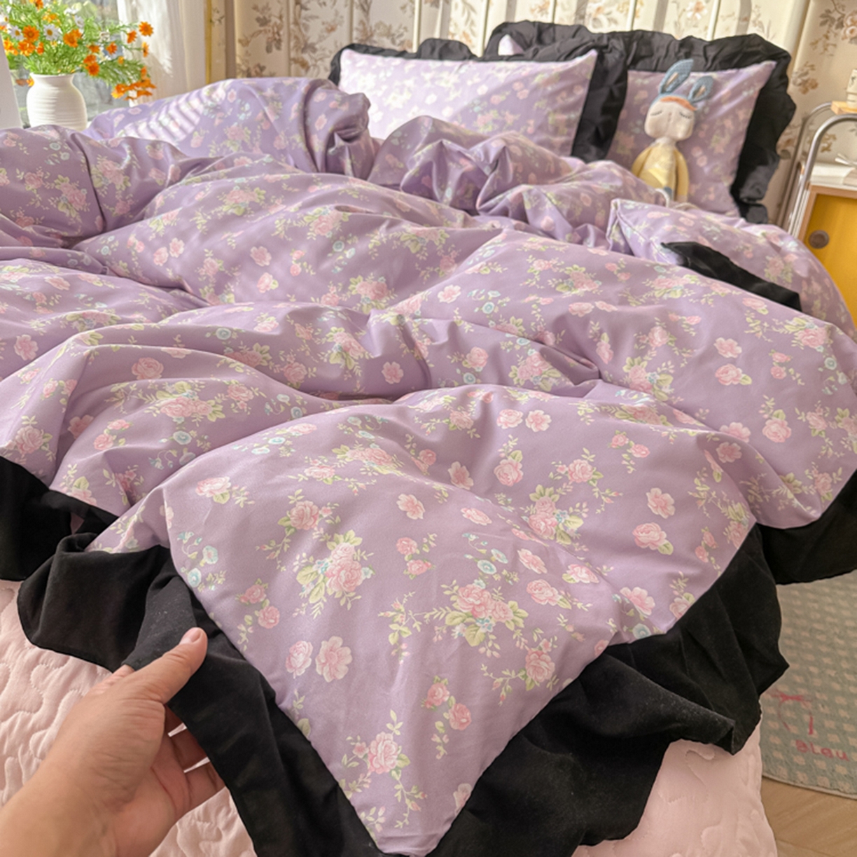 91家纺网 家纺一手货源 找家纺 子钦家纺 2025新款云朵棉水洗棉赫本风床单床笠床盖四件套-安娜 安娜-紫霞仙子