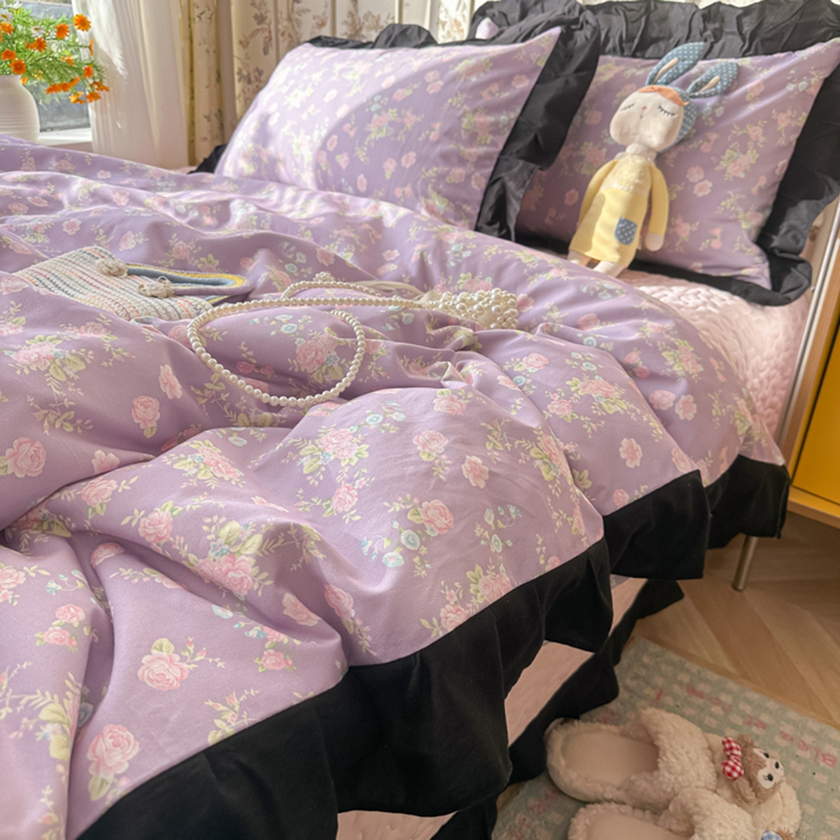 91家纺网 家纺一手货源 找家纺 子钦家纺 2025新款云朵棉水洗棉赫本风床单床笠床盖四件套-安娜 安娜-紫霞仙子