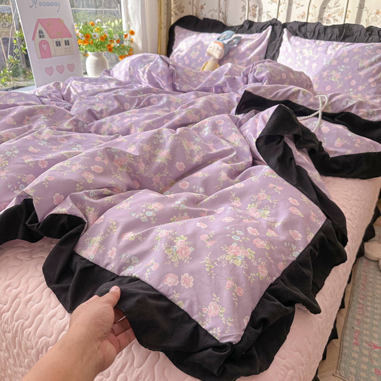 91家纺网 家纺一手货源 找家纺 子钦家纺 2025新款云朵棉水洗棉赫本风床单床笠床盖四件套-安娜 安娜-紫霞仙子