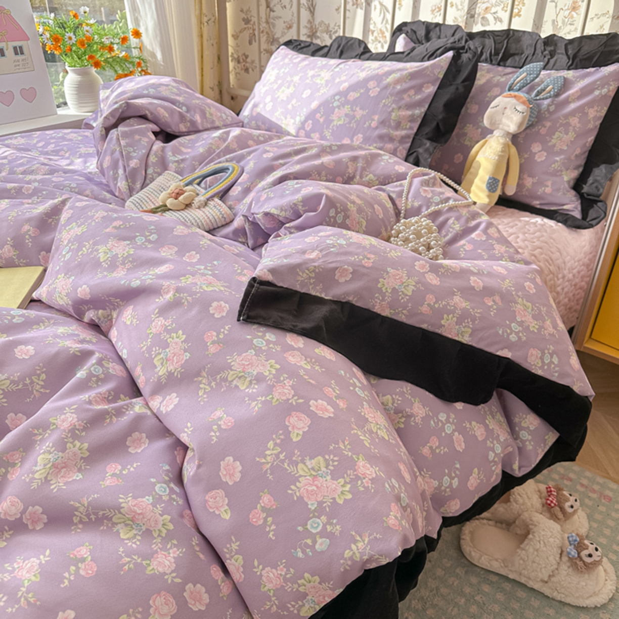 91家纺网 家纺一手货源 找家纺 子钦家纺 2025新款云朵棉水洗棉赫本风床单床笠床盖四件套-安娜 安娜-紫霞仙子