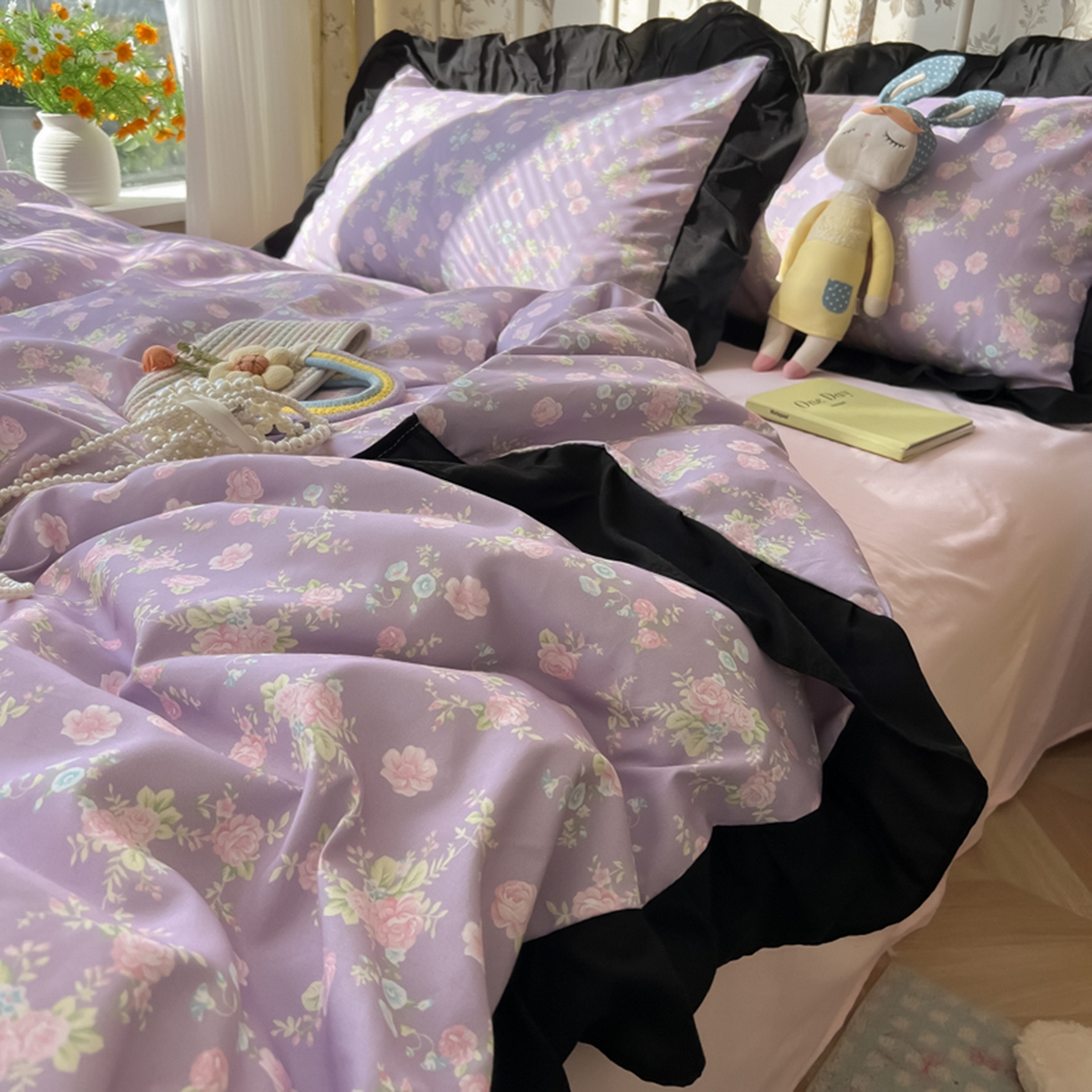 91家纺网 家纺一手货源 找家纺 子钦家纺 2025新款云朵棉水洗棉赫本风床单床笠床盖四件套-安娜 安娜-紫霞仙子