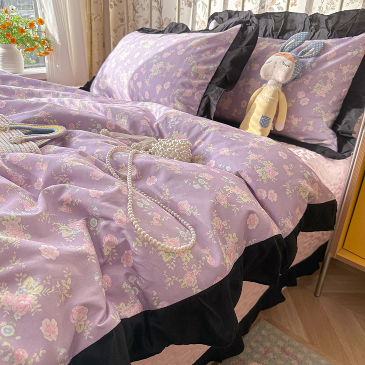 91家纺网 家纺一手货源 找家纺 子钦家纺 2025新款云朵棉水洗棉赫本风床单床笠床盖四件套-安娜 安娜-紫霞仙子