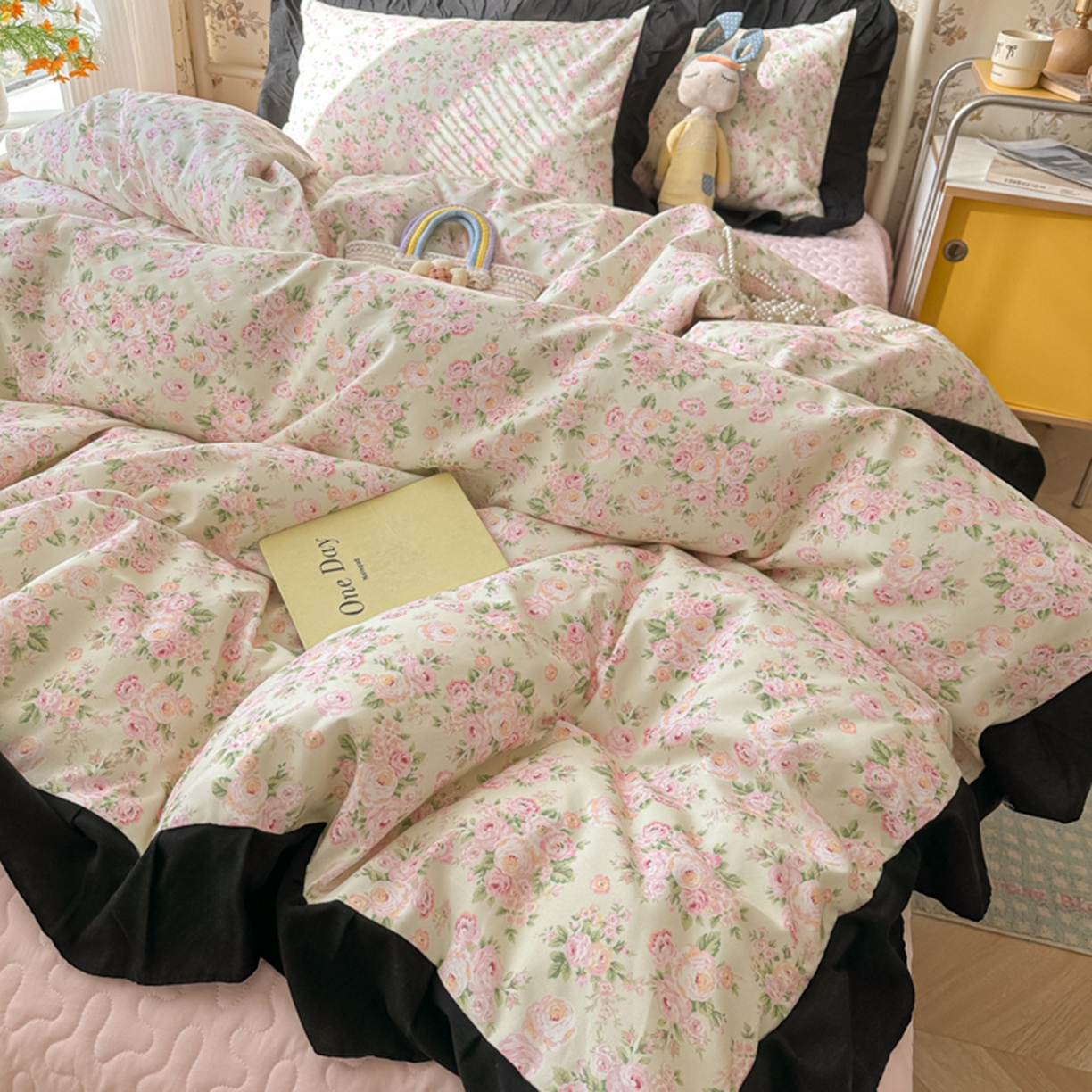 91家纺网 家纺一手货源 找家纺 子钦家纺 2025新款云朵棉水洗棉赫本风床单床笠床盖四件套-安娜 安娜-粉红玫瑰
