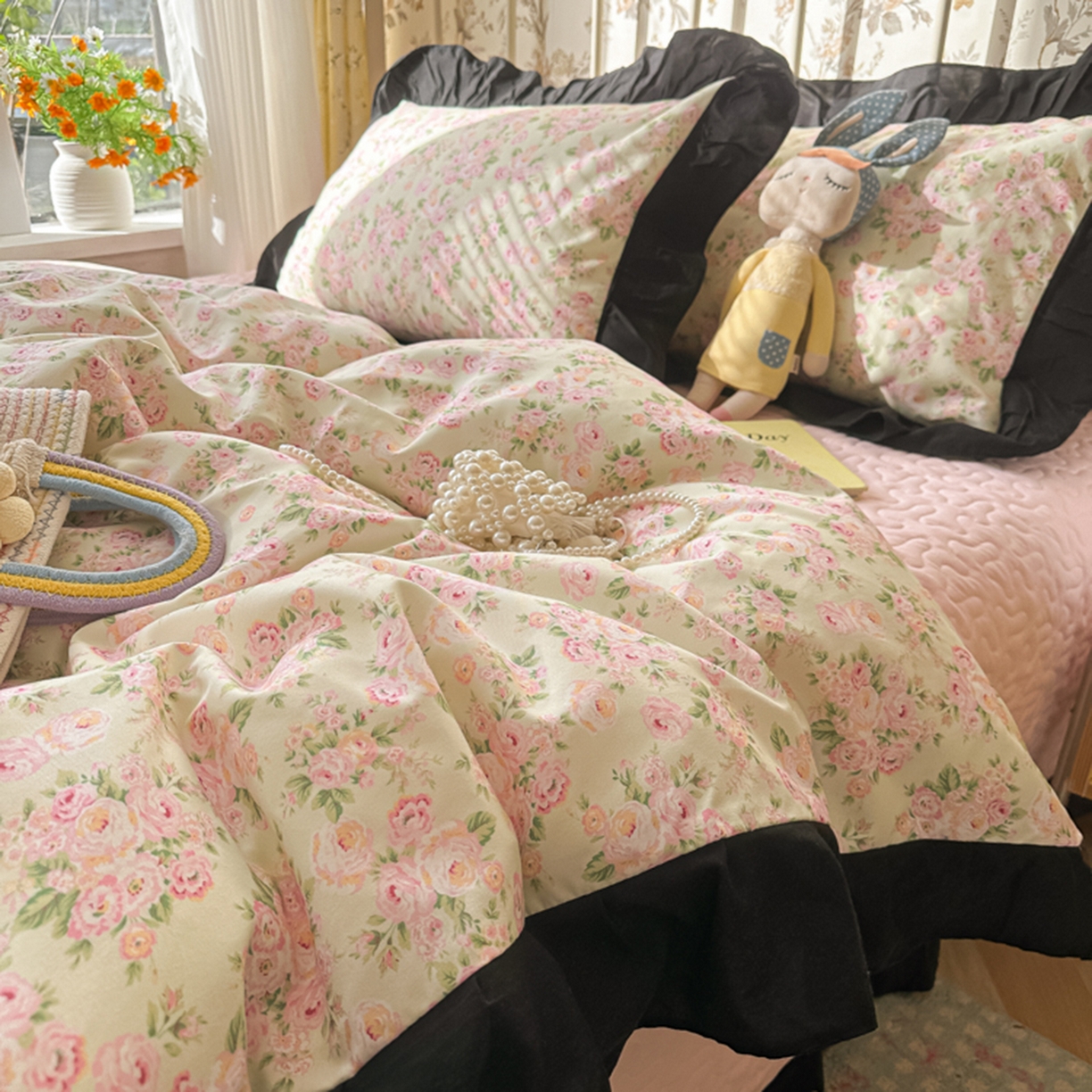 91家纺网 家纺一手货源 找家纺 子钦家纺 2025新款云朵棉水洗棉赫本风床单床笠床盖四件套-安娜 安娜-粉红玫瑰