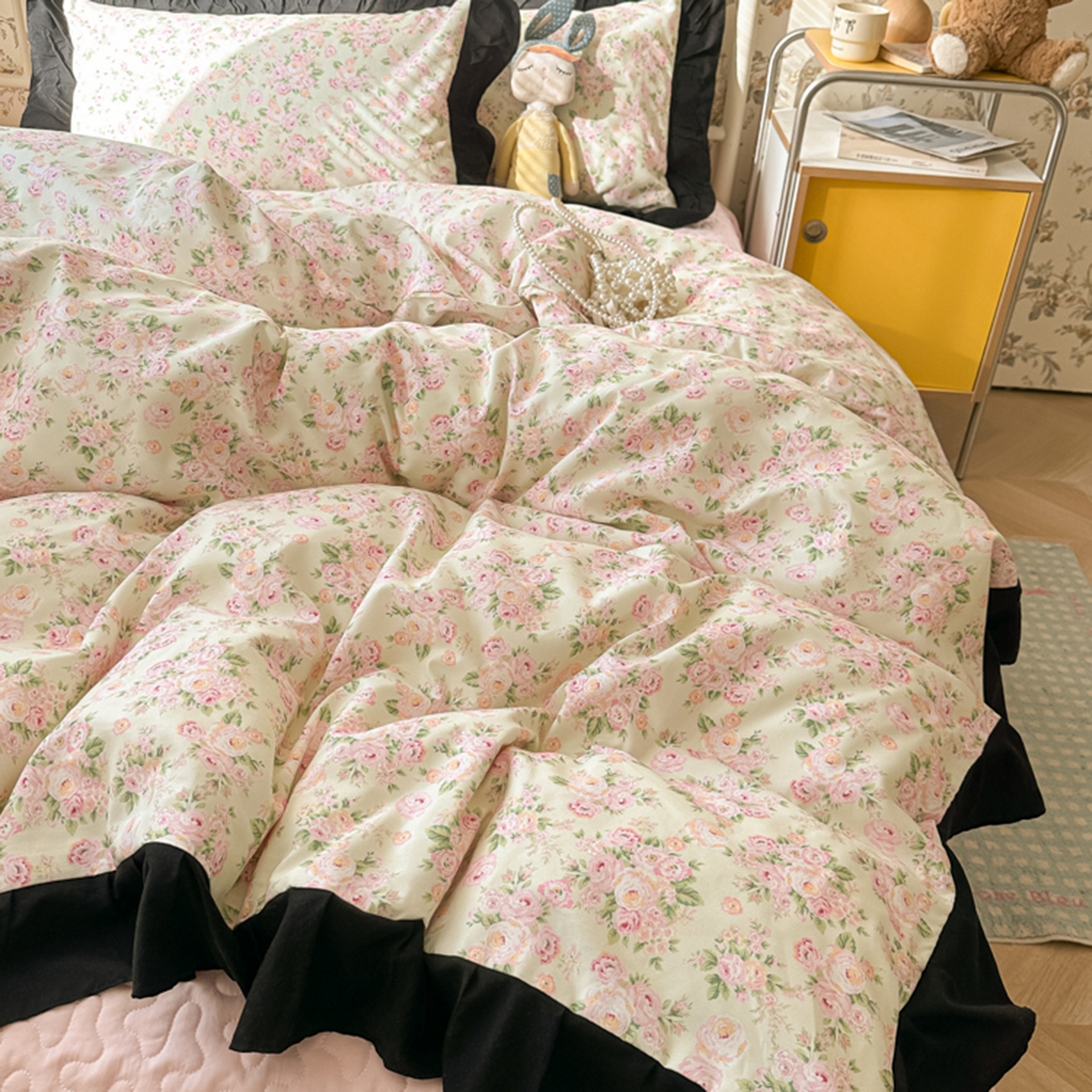 91家纺网 家纺一手货源 找家纺 子钦家纺 2025新款云朵棉水洗棉赫本风床单床笠床盖四件套-安娜 安娜-粉红玫瑰