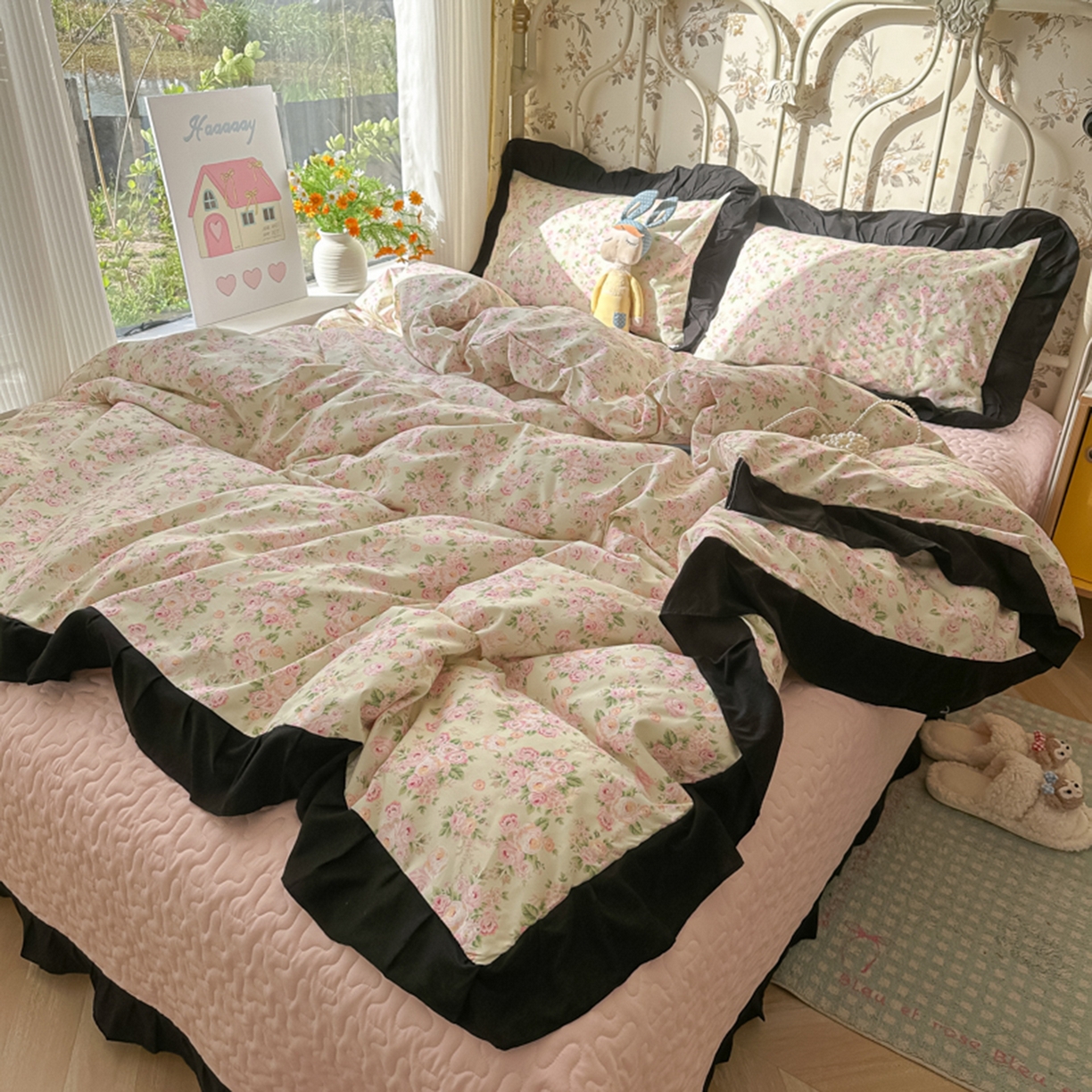 91家纺网 家纺一手货源 找家纺 子钦家纺 2025新款云朵棉水洗棉赫本风床单床笠床盖四件套-安娜 安娜-粉红玫瑰