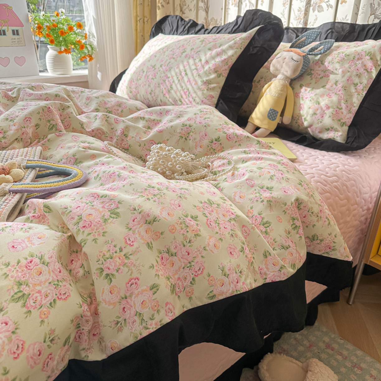 91家纺网 家纺一手货源 找家纺 子钦家纺 2025新款云朵棉水洗棉赫本风床单床笠床盖四件套-安娜 安娜-粉红玫瑰