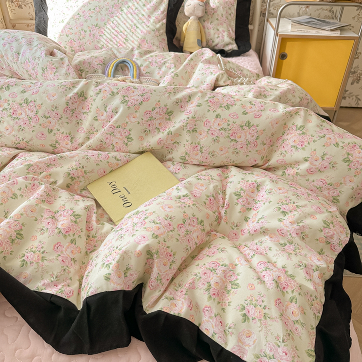 91家纺网 家纺一手货源 找家纺 子钦家纺 2025新款云朵棉水洗棉赫本风床单床笠床盖四件套-安娜 安娜-粉红玫瑰
