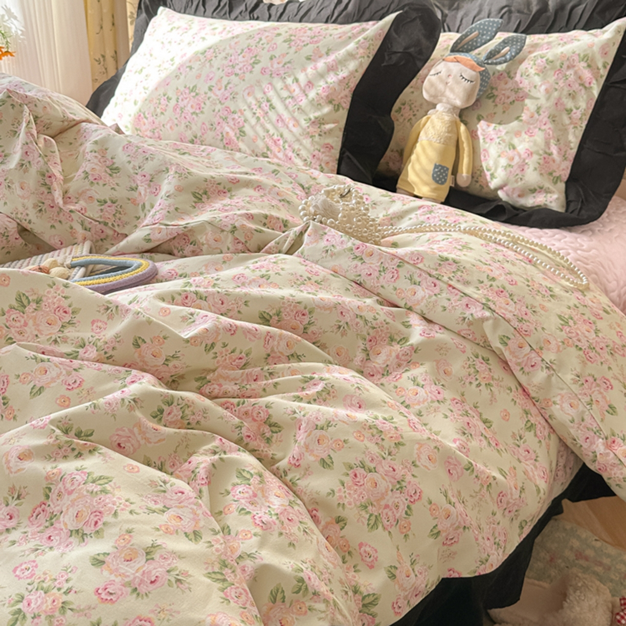 91家纺网 家纺一手货源 找家纺 子钦家纺 2025新款云朵棉水洗棉赫本风床单床笠床盖四件套-安娜 安娜-粉红玫瑰