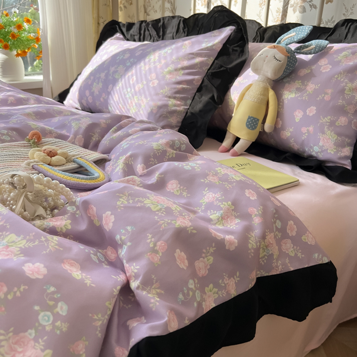 91家纺网 家纺一手货源 找家纺 子钦家纺 2025新款云朵棉水洗棉赫本风床单床笠床盖四件套-安娜 安娜-紫霞仙子