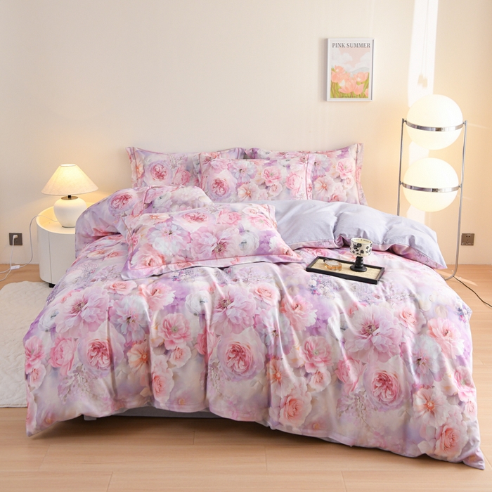 91家纺网 家纺一手货源 找家纺 铭浩 2025新款全棉纯棉数码印花四件套 盛夏-紫